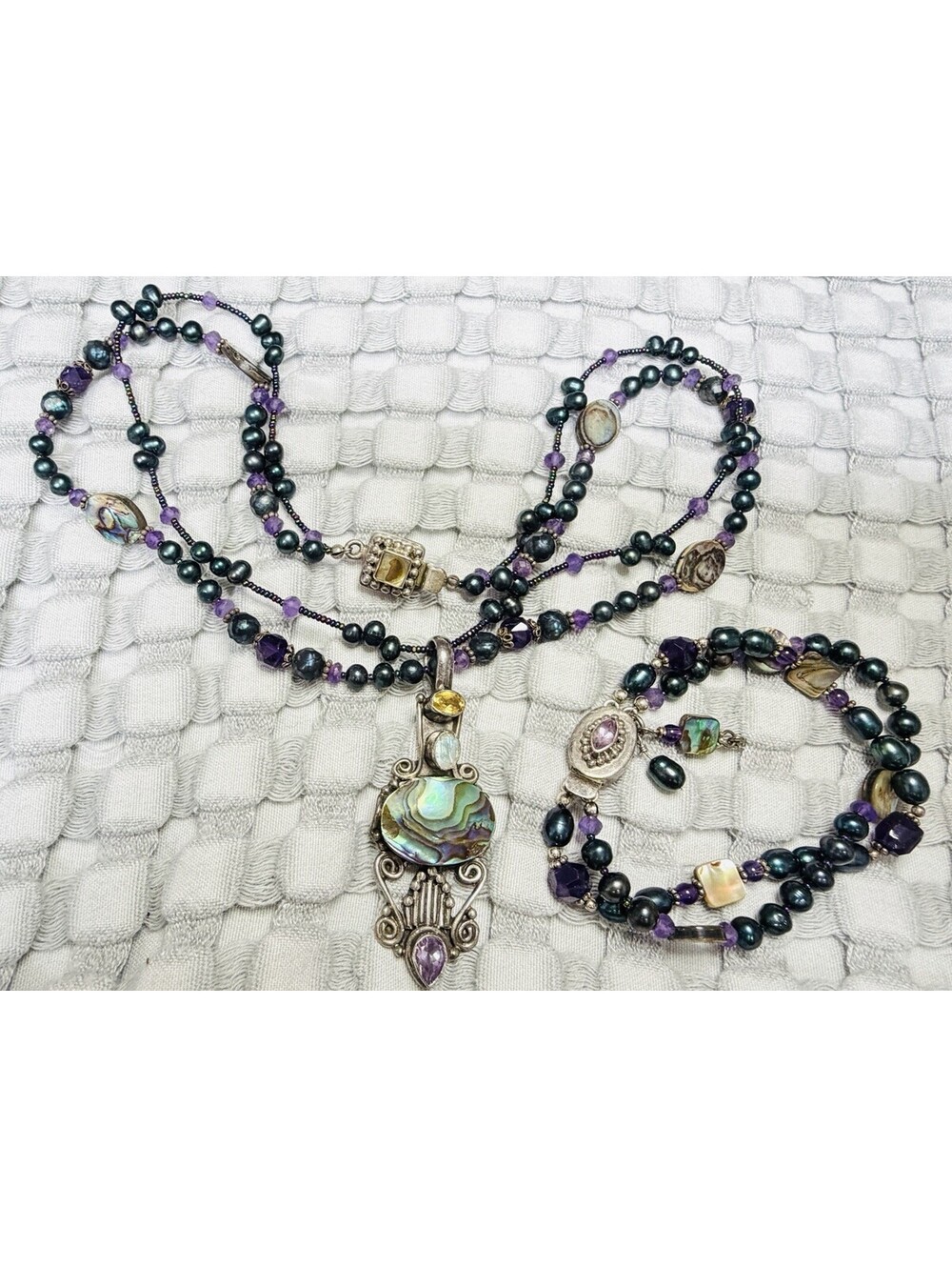 925 Sterling Vintage Citrine, Amethyst, Abalone, Black Pearl Unique Necklace.